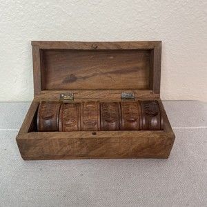 Vintage JCS Co Hand Carved Wood Elephant Napkin Rings Set Of 6 With Wooden Box